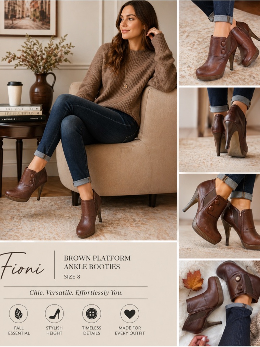 Fioni Stiletto Heels Size 8 Brown Faux Leather Platform Y2K Ankle Booties Button